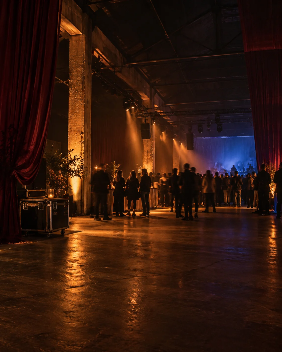 Evening event atmosphere in an industrial venue