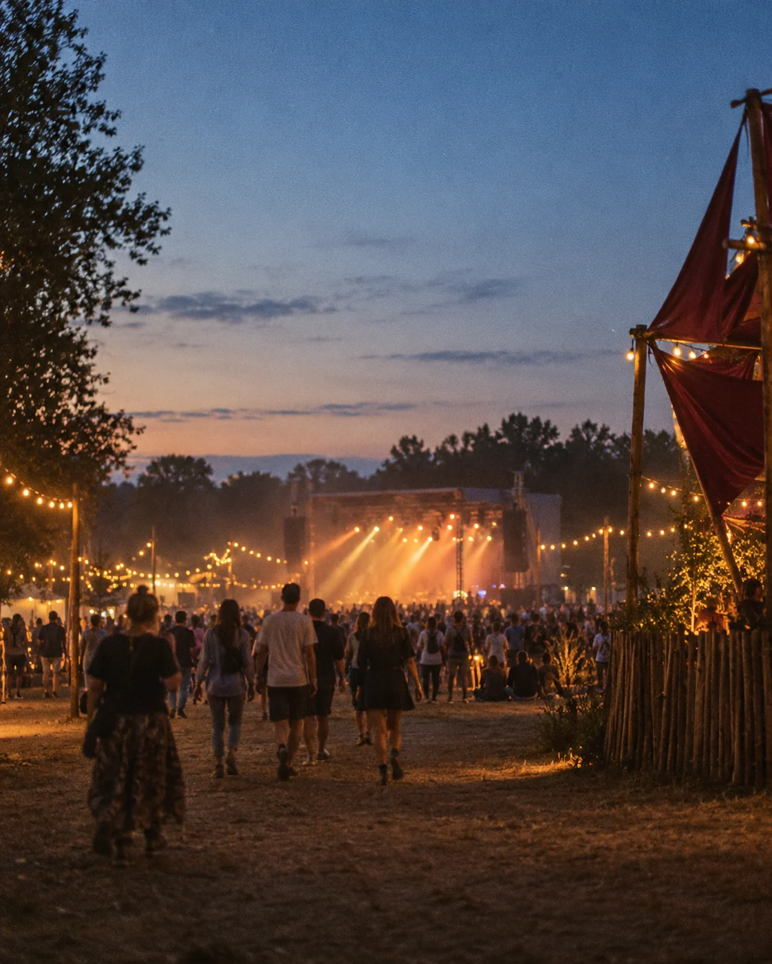 Festival atmosphere at dusk with warm stage lights