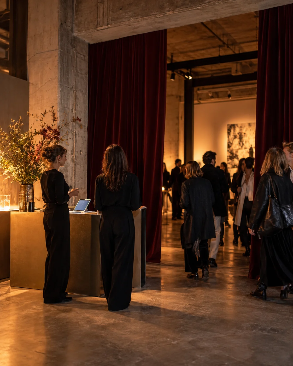 Event hosts welcoming guests in an atmospheric venue